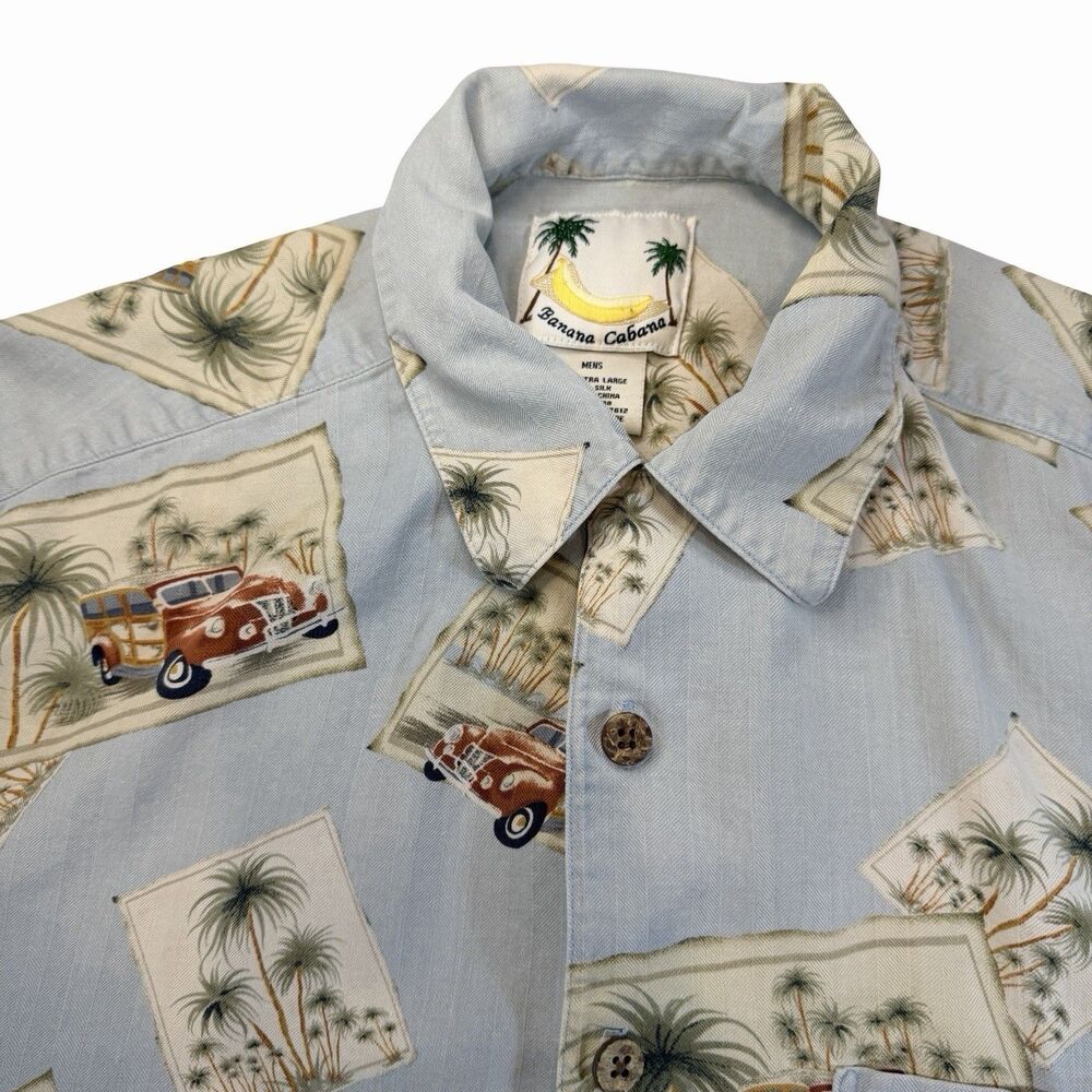 Banana Cabana 100% Silk Shirt Mens XL Hawaiian Woodie Car Palm Trees Short Slv
